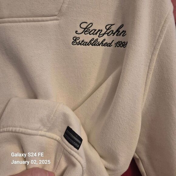 Sean John XL Ivory Dress Sweatshirt Cowl Style Button Neck Embroidered Sharp EUC - Picture 3 of 4